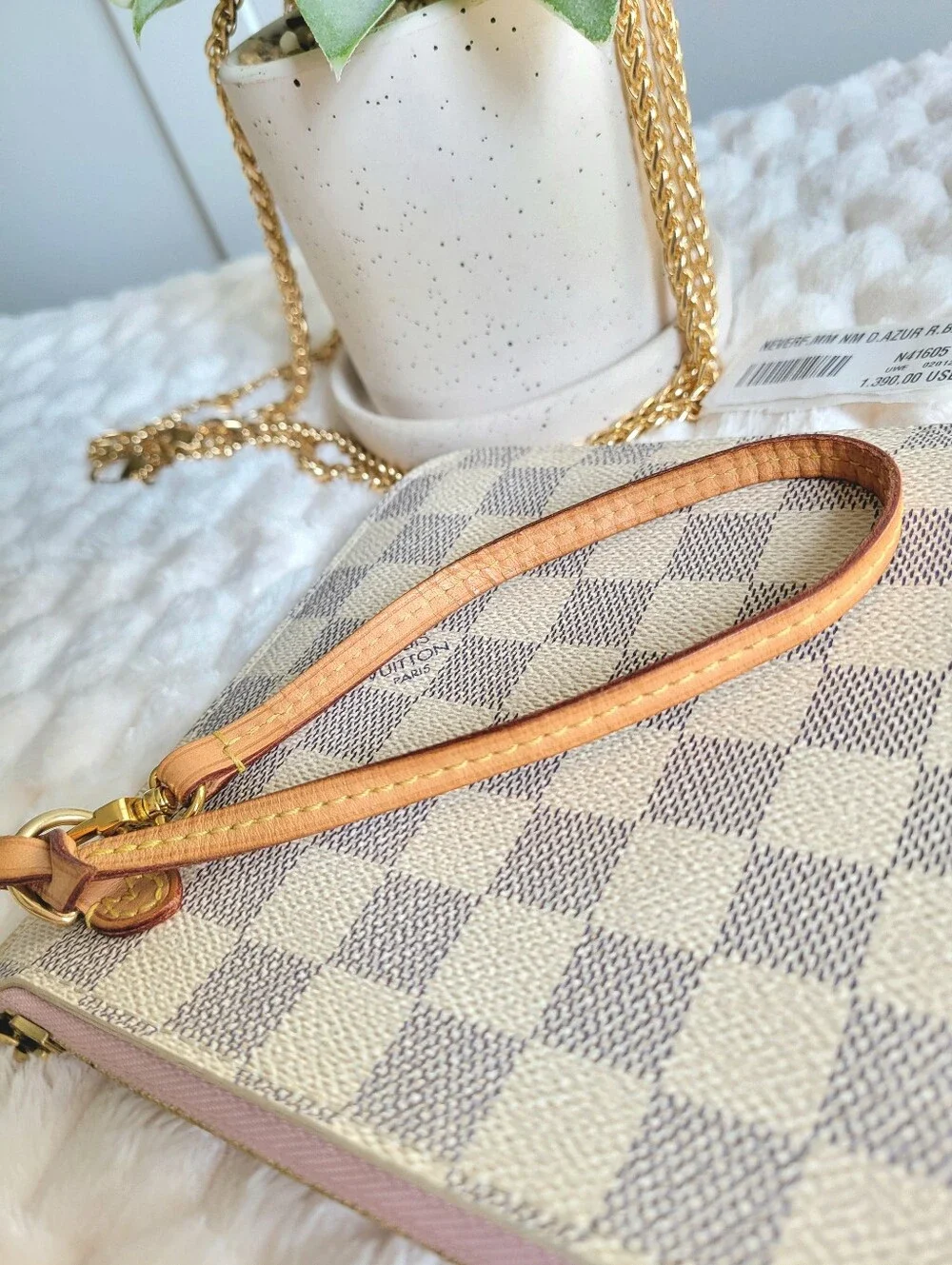 💕 Louis Vuitton Neverfull Mm/Gm Clutch Wristlet Damier Azur Rose Ballerine